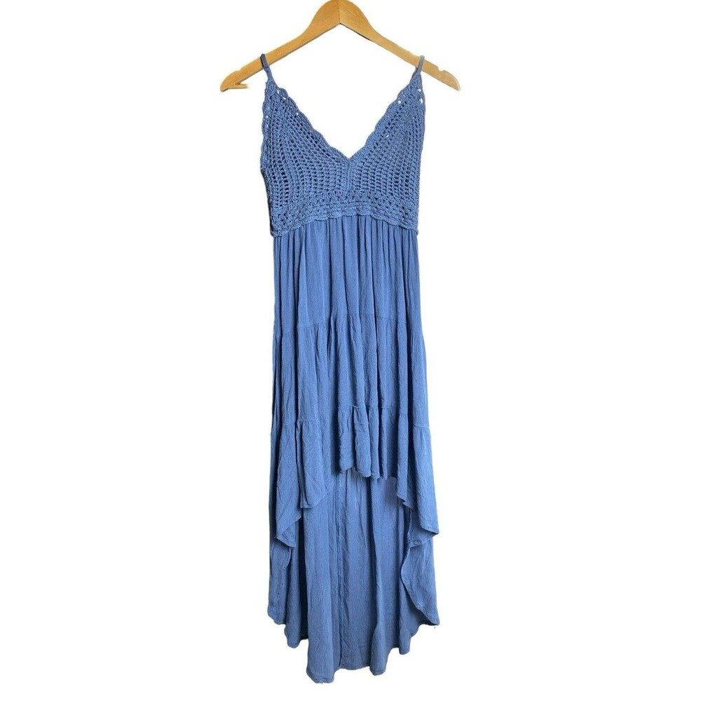 Share Hint of Blush Blue Crochet Babydoll Hi Low Dress Juniors M Boho Festival